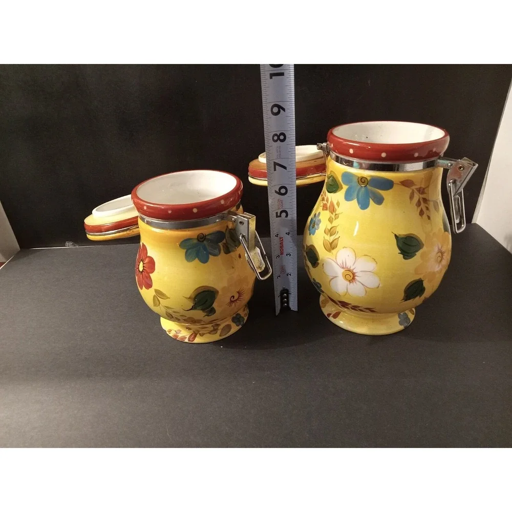 Oneida Sunset Bouquet Ceramic Canister Set 2pc Floral Yellow Kitchen Storage
